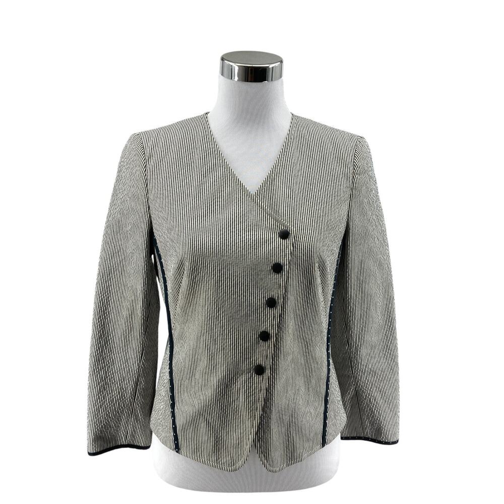 Akris Punto Blazer Jacket Womens 6 White Black Striped Seersucker Snap Front